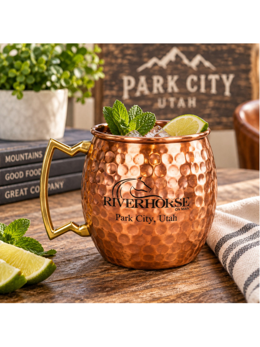 Butte Copper Company Riverhorse Park City Utah Hammered Copper Mug Brass Handle